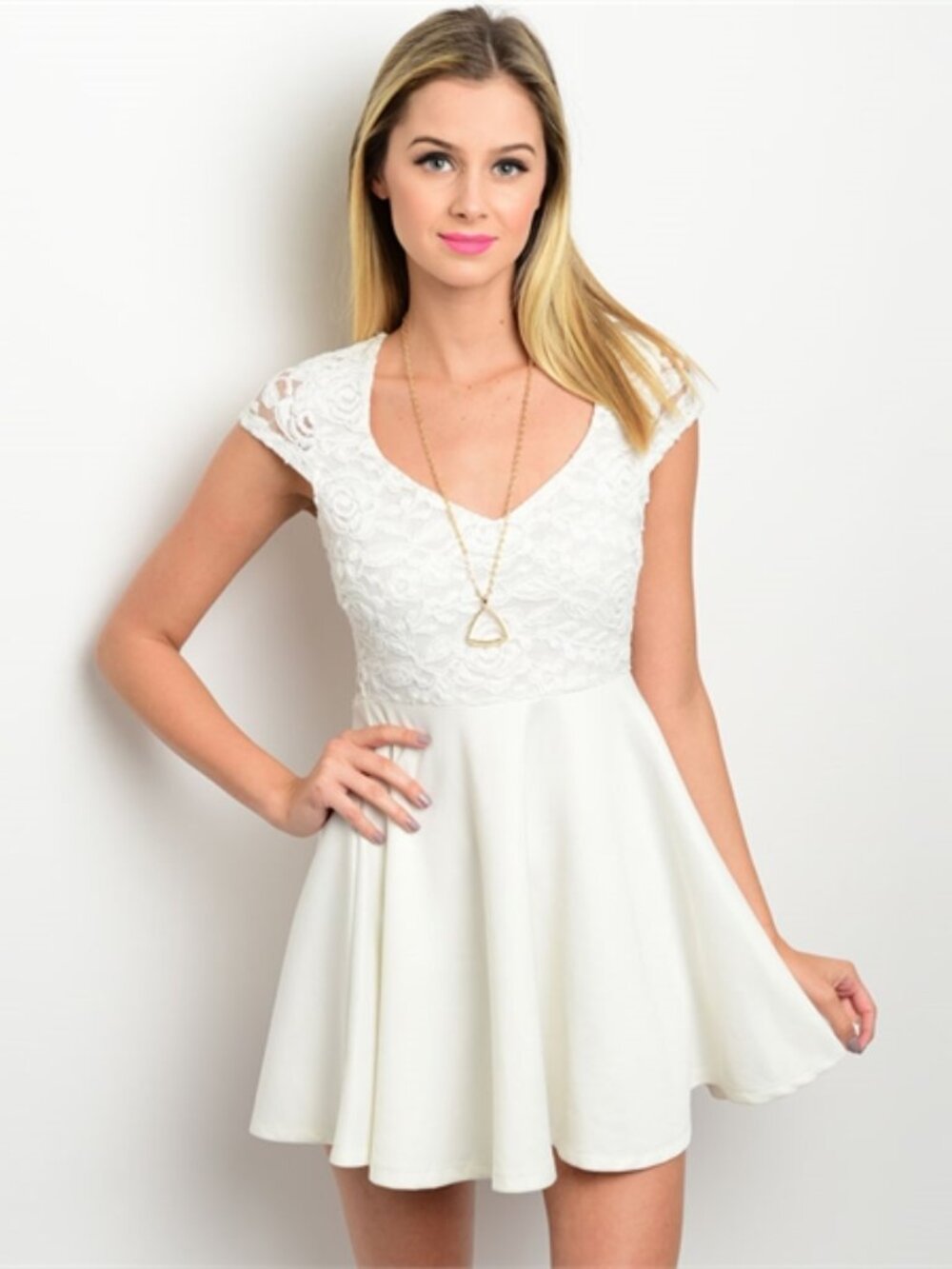 Lace Floral Skater Mini Dress Women Open Back Fit-Flare Cap Sleeve, White, Large